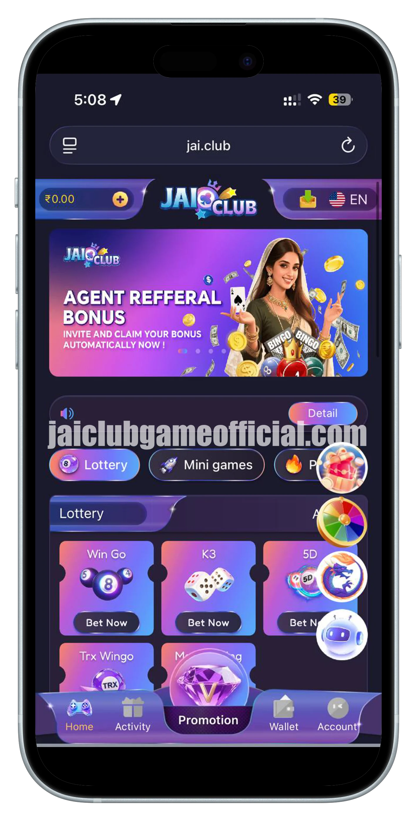 Jai Club Game registration and lobby on mobile